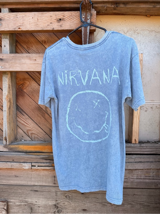 NIRVANA Tops - NIRVANA Washed Blue Tee with Mint Graphic